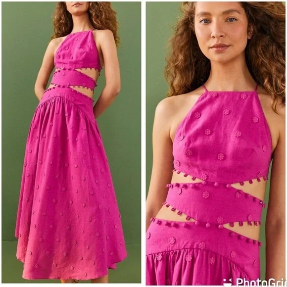 Farm Rio Pink 3d Flower Cut Out Midi Dress - Picture 2 of 12